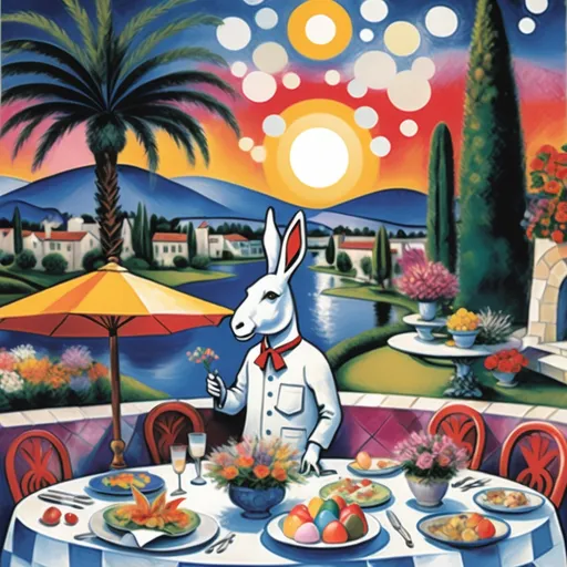 Prompt: Marc Chagall-inspired  Easter card, charming stone Mexican outdoor restaurant, white donkey with Easter bonnet , rabbit chef, beautiful large pool, lake in background, tables with umbrellas, palm and cypress 
trees with twinkling lights, evening sunset, dusk, flowers on the tables, walls adorned with painted flowers, tile roof, lovers floating in the whimsical sky, graceful wings, grass, surrounded by vibrant flowers pots around pool, enchanting magical, twinkling  lights, Mexican style, atmosphere, dreamy mountains in the background, swirly  sky,(4K, ultra-detailed), 