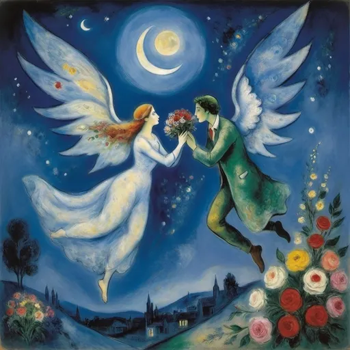 Prompt: Chagall ethereal style. Lovers floating in moonlit, starlit sky. male offers female a bouquet wings of longing, ethereal, dreamy, romantic, flowers, love


