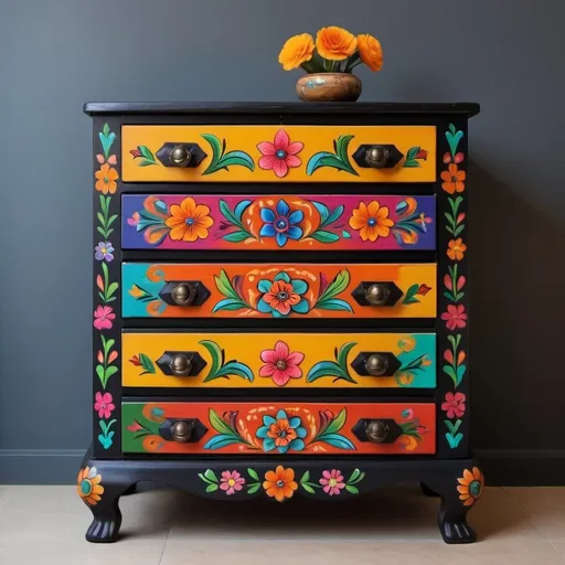 Prompt: (wooden chest of drawers), 65cm x 35cm x 100cm,  4 drawers, (vibrant floral Mexican style), (bold colors), intricately painted flowers, black base, smooth texture, rustic charm, decorative motifs, lighting highlighting the design, high-resolution, elegant atmosphere, well-crafted craftsmanship, artistic flair, bold and dramatic aesthetic.