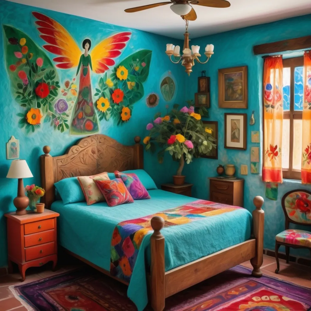 Prompt: (Marc Chagall inspired), (cubist surrealism), charming Mexican casita bedroom, painted flowers on walls, vivid colors, turquoise bedspread, Mexican textileswhimsical ambiance, tile roof, turquoise floral armoire, , delicate wings, bright flowers, playful cats, large avocado tree, enchanting atmosphere, lace curtains, Freida Kahlo influences, angel, candle cozy pillows, ultra-detailed, magical charm, artistic masterpiece.