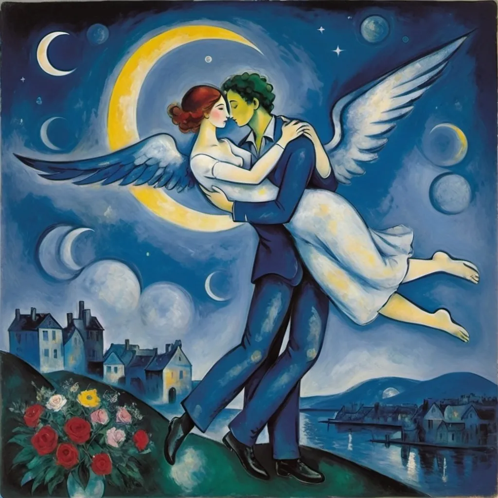 Prompt: Chagall cubism style. Lovers floating in moonlit, starlit sky. male offers female a bouquet wings of longing, ethereal

