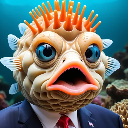 Prompt: Donald Trump as an ugly blowfish fake toupee hair, blue eyes, exaggerated features, (vibrant colors), anus shaped mouth, cartoonish style, detailed scales, animated sea life, surreal humor, imaginative concept,