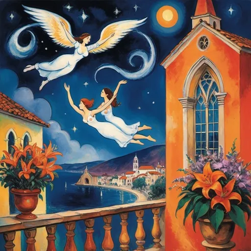 Prompt: Two lovers floating together in the night sky), Expressionist Marc Chagall style, woman arms reaching up 
up on wings of longing from open windowed
balcony,  overlooking Puerto Vallarta, church of the virgin of Guadalupe
water, vibrant flowers surrounding the scene, dreamlike ambiance, romantic mood,  tuxedo and orange cat, male lover offers bouquet of stargazer lillies and flowers 
 , school of Paris style
painterly quality,whimsical elements, enchanting atmosphere, 4K ultra-detailed clarity.