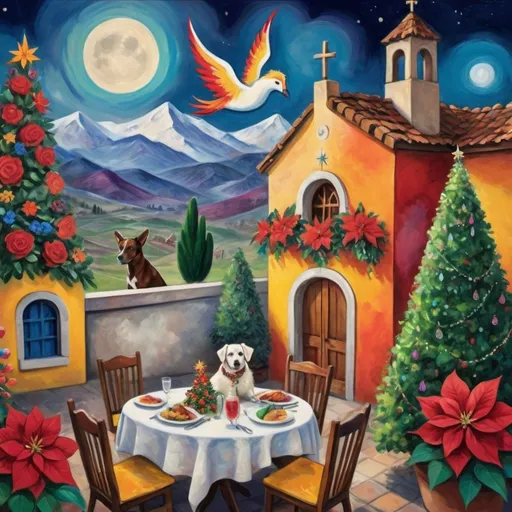 Prompt: (Chagall-inspired surreal scene), Christmas card, charming Mexican outdoor restaurant walls adorned with painted flowers, tile roof, lovers floating in the whimsical sky, graceful wings, fluffy dog, white burro with fancy hat, surrounded by vibrant flowers, virgin of Guadalupe, poinsettia, wreath, majestic avocado tree in front, enchanting magical , Christmas tree, Christmas lights, Mexican style, atmosphere, dreamy mountains in the background, swirly dark moonlight sky, (vivid colors), (4K, ultra-detailed), (cubist, whimsical).