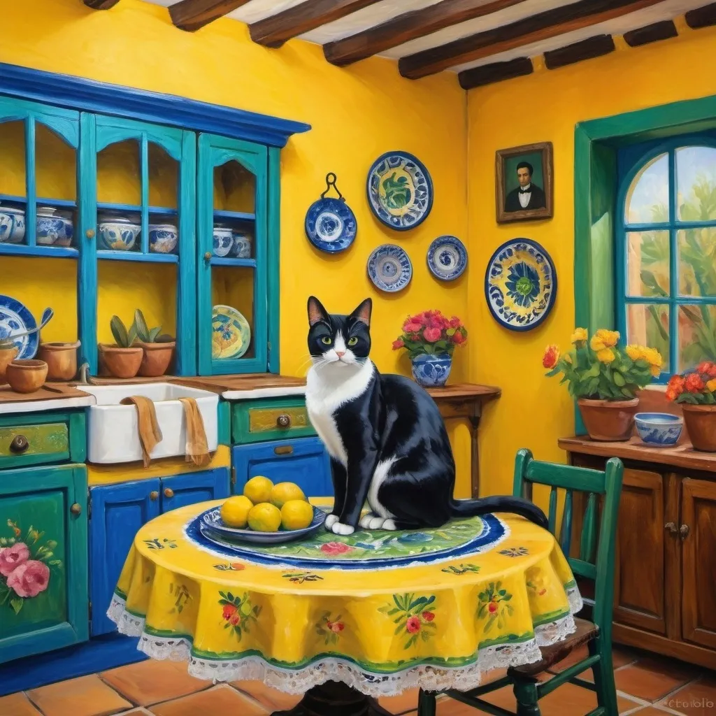 Prompt: Painting in style of Impressionism

Charming Mexican casita interior, bright yellow kitchen walls,  blue and green, cabinets, art on wall ,
talavera, fluffy tuxedo cat, dishes,windows, lace curtains, flowers, black, round table with floral pattern, Freida Kahlo portrait, painting





