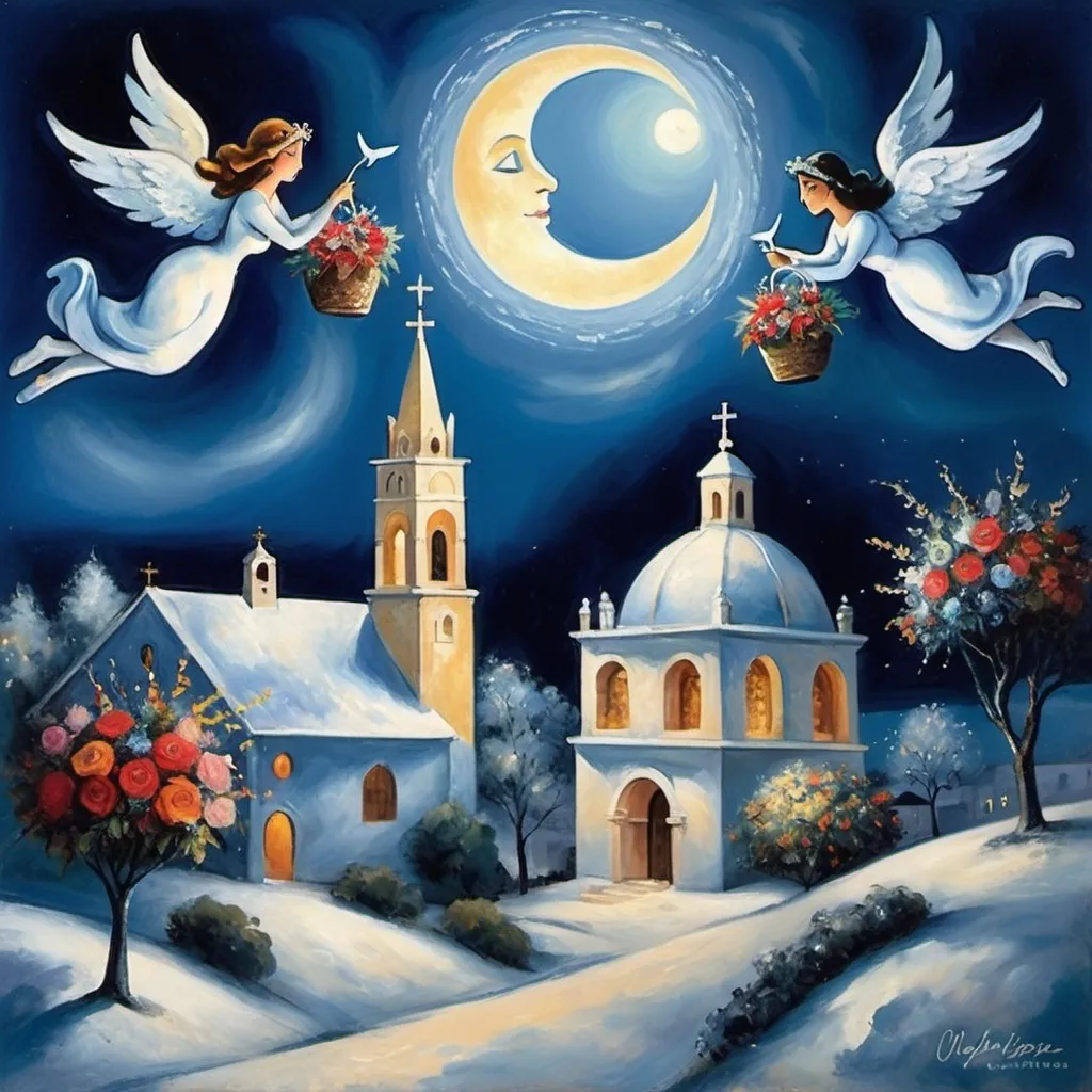 Prompt: Christmas painting in playful primitive surrealist 
Marc Chagall cubist 
style), 2 lovers float in soft moonlit sky above  Mexican village, lake, plaza with beautiful floral bouquet,Mexican colonial church playful milky moon, ,  harlequin, balcony below, male offers woman beautifully arranged bouquet, flowers . fiddler in sky
whimsical and dreamy atmosphere,  cool tones of blue and white, soft glowing lights,impressionistic, soft colors, swirly enchanting swirly night sky, infused with magic and love. Winged cats, angels, Christmas, navidad ,poinsettas, Virgen of Guadeloupe church with crown steeple
