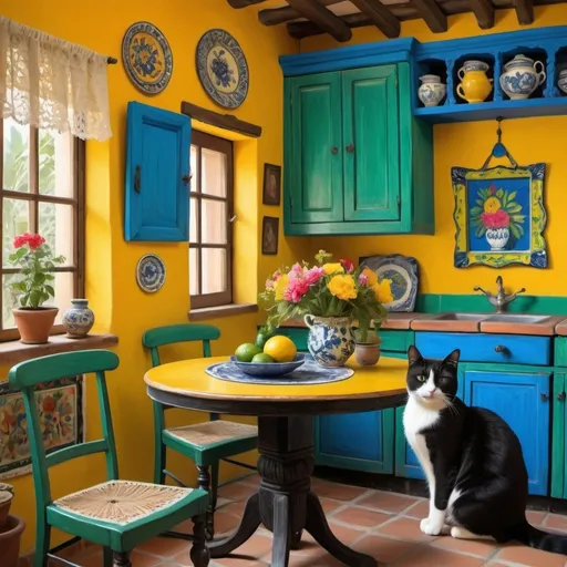 Prompt: Painting in style of Picasso

Charming Mexican casita interior, bright yellow kitchen walls,  blue and green, cabinets, art on wall ,
talavera, fluffy tuxedo cat, dishes,windows, lace curtains, flowers, black, round table with floral pattern, Freida Kahlo portrait, painting





