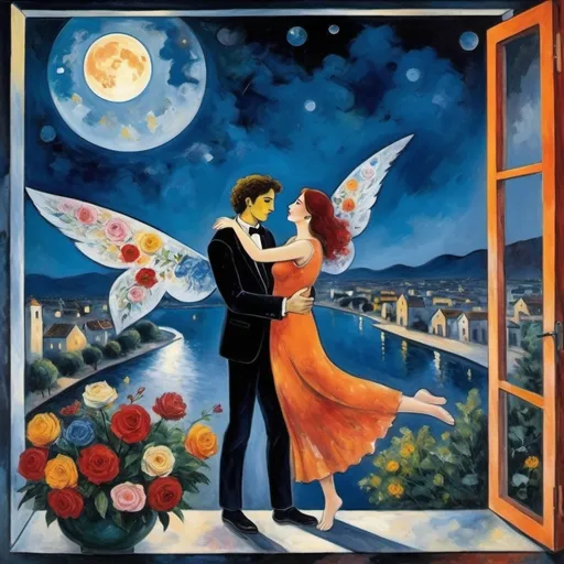 Prompt: Two lovers floating together in the night sky), Expressionist cubist 
surrealist Marc Chagall style, woman arms reaching up 
up on wings of longing from open windowed, milky moon and starlit sky,
balcony, overlooking Ajijic, Mexico
water,  vibrant flowers surrounding the scene, dreamlike ambiance, romantic mood,  tuxedo and orange cat, male lover offers bouquet of flowers 
 , school of Paris style
painterly quality,whimsical elements, enchanting atmosphere, 4K ultra-detailed clarity.