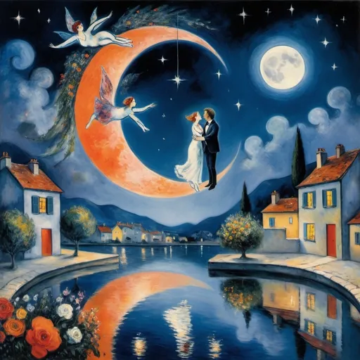 Prompt: Two lovers floating together in the night sky), (Marc Chagall surrealist style), full moon, stars, woman reaching up on wings of longing from
balcony,  overlooking French village, soft reflections on tranquil water, vibrant flowers surrounding the scene, dreamlike ambiance, romantic mood,  tuxedo cat, orange cat 
painterly quality, artistic expression, whimsical elements, enchanting atmosphere, 4K ultra-detailed clarity.