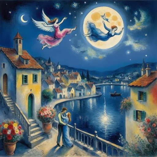 Prompt: (Marc Chagall ethereal style) lovers floating above in a starry night sky, luminous full moon, man offering a bouquet of vibrant flowers to woman, romantic balcony scene, charming village with glistening water below, soft and delicate color tones, dreamlike atmosphere, whimsical details, intricate designs, HD, ultra-detailed, serene ambiance, enchanting visuals. Wings of longing