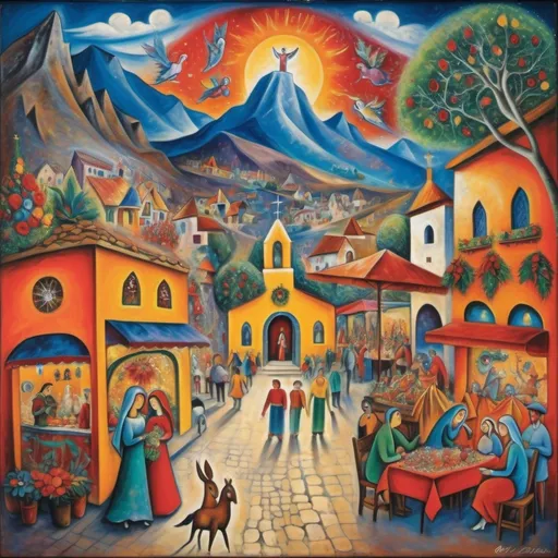 Prompt: (colorful surrealist expressionist painting), (Mark Chagall style), Christmas scene, Ajijic plaza with restaurants and shops, charming stone chapel, nativity scene, festive kiosk, vibrant flowers and poinsettias, Virgin of Guadalupe, whimsical sky with enchanting angels, bustling vendors, majestic mountains in the background, magical atmosphere, rich color tones, ultra-detailed, 4K quality.