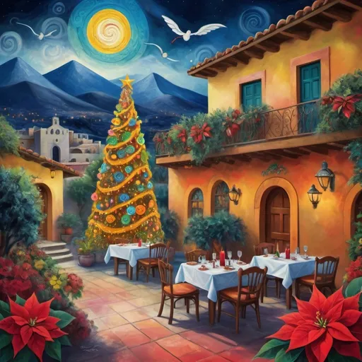 Prompt: (Chagall-inspired surreal scene), Christmas card, charming Mexican outdoor restaurant, beautiful, swimming pool, tables with umbrellas, flowers on the tables, Christmas time, sign that says “Yves”, walls adorned with painted flowers, tile roof, lovers floating in the whimsical sky, graceful wings, surrounded by vibrant flowers, , poinsettia, wreath, majestic avocado tree in front, enchanting magical  Christmas tree, Christmas lights, Mexican style, atmosphere, dreamy mountains in the background, swirly dark moonlight sky, (vivid colors), (4K, ultra-detailed), (cubist, whimsical).