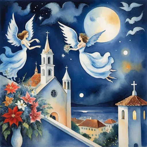 Prompt: (Watercolor Painting in playful primitive surrealist 
Marc Chagall cubist 
style), 2 lovers float in soft moonlit sky above  Puerto Vallarta with beautiful floral bouquet, playful milky moon, misty 
romantic scene,  harlequin, balcony below, male offers woman beautifully arranged bouquet, flowers . fiddler in sky
whimsical and dreamy atmosphere,  cool tones of blue and white, soft glowing lights,impressionistic, soft colors, swirly enchanting night sky, infused with magic and love. Winged cats, angels, Christmas, navidad ,poinsettas, Virgen of Guadeloupe church with crown steeple
