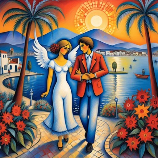 Prompt: Christmas scene card), (Marc Chagall influence, surrealist , expressionistic, primitive,  two lovers  strolling the malecón, Ajijic, Mexico, Lake Chapala, beautiful sunset, flowering  trees, poinsettas, 
palm trees, whimsical ambiance, magical atmosphere, soft tones of blue and white, sunset, artistic fantasy, angels in sky, intricate floral details, dreamy sky, 4K, ultra-detailed illustration.