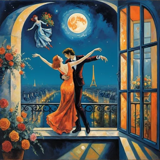 Prompt: Two lovers floating together in the night sky), Expressionist surrealist cubist, harlequin Marc Chagall style, woman arms reaching up 
up on wings of longing from open windowed, milky moon and sky,
balcony,  overlooking Paris, France, , lights
water, trees, vibrant flowers surrounding the scene, dreamlike ambiance, romantic mood,  tuxedo and orange cat, male lover offers bouquet of flowers cool colors
 , school of Paris style
painterly quality,whimsical elements, enchanting atmosphere, 4K ultra-detailed clarity.