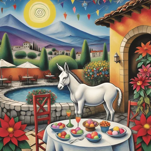 Prompt: Marc Chagall-inspired, surreal scene, primitive style Easter card, charming stone Mexican outdoor restaurant, donkey wearing Easter hat. beautiful large pool, lake in background, tables with umbrellas, flowers on the tables, walls adorned with painted flowers, tile roof, lovers floating in the whimsical sky, graceful wings, grass, surrounded by vibrant flowers pots around pool,  majestic avocado tree in front, enchanting magical, twinkling  lights, Mexican style, atmosphere, dreamy mountains in the background, swirly  sky,(4K, ultra-detailed), (cubist, whimsical).