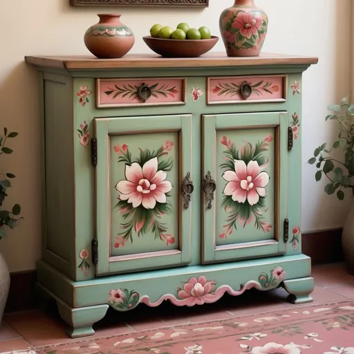 Prompt: Mexican painted chest, showcasing two upper drawers and two cabinet doors below, , celadon green doors adorned with intricate artisan elegant flowers, soft floral painting featuring soft deep rose, and white flowers, creating an inviting ambiance, highlighting artistic craftsmanship and elegant design, evoking a nostalgic feel, ultra-detailed, high quality, warmly-lit, rich textures, atmospheric, traditional yet refined elegance.