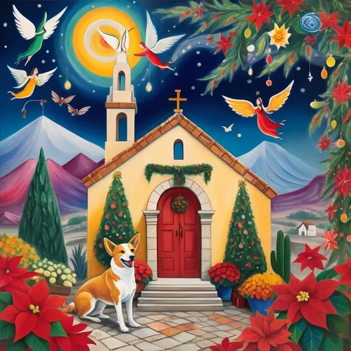 Prompt: (Chagall-inspired surreal scene), Christmas card, charming Mexican stone chapel, walls adorned with painted flowers, tile roof, lovers floating in the whimsical sky, graceful wings, fluffy dog, surrounded by vibrant flowers, virgin of Guadalupe, poinsettia, wreath, majestic avocado tree in front, enchanting magical , Christmas tree, Christmas lights, Mexican style, atmosphere, dreamy mountains in the background, swirly dark moonlight sky, (vivid colors), (4K, ultra-detailed), (cubist, whimsical).