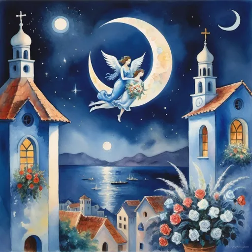 Prompt: (Watercolor Painting in playful primitive surrealist 
Marc Chagall style), 2 lovers float in soft moonlit sky above  Puerto Vallarta with beautiful floral bouquet, playful milky moon, misty 
romantic scene,  harlequin, balcony below, male offers woman beautifully arranged bouquet, flowers . fiddler in sky
whimsical and dreamy atmosphere,  cool tones of blue and white, soft glowing lights,impressionistic, soft colors, swirly enchanting night sky, infused with magic and love. Winged cats, angels, christmas navidad ,poinsettas, virgen of guadeloupe church
