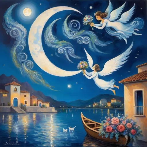 Prompt: (Painting in playful and Chagall modernist style), a couple, lovers, float in night sky above Ajijic, Mexico with beautiful floral bouquet, milky moon, romantic scene,  lake reflecting moolight, balcony below, vibrant flowers , male offers woman beautifully arranged bouquet, whimsical and dreamy atmosphere, swirly sky cool tones of blue and white, soft glowing lights,impressionistic, soft colors, swirly enchanting night sky, infused with magic and love. Winged cats, angels
