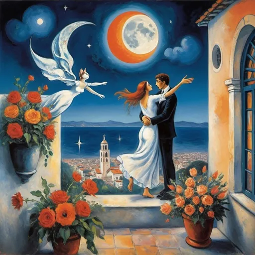 Prompt: Two lovers floating together in the night sky), Expressionist surrealist Marc Chagall style, woman arms reaching up 
up on wings of longing from open windowed, milky moon and sky

balcony,  overlooking Puerto Vallarta, church of the virgin of Guadalupe
water, vibrant flowers surrounding the scene, dreamlike ambiance, romantic mood,  tuxedo and orange cat, male lover offers bouquet of flowers 
 , school of Paris style
painterly quality,whimsical elements, enchanting atmosphere, 4K ultra-detailed clarity.