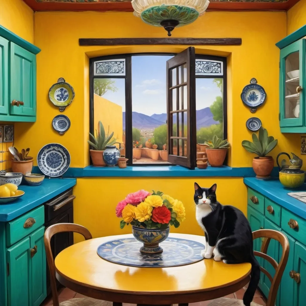 Prompt: Painting in art deco

Charming Mexican casita interior, bright yellow kitchen walls,  blue and green, cabinets, art on wall ,
talavera, fluffy tuxedo cat, dishes,windows, lace curtains, flowers, black, round table with floral pattern, Freida Kahlo portrait, painting





