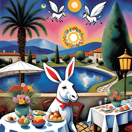 Prompt: Marc Chagall-inspired  Easter card, charming stone Mexican outdoor restaurant, white donkey with Easter bonnet , rabbit chef, beautiful large pool, lake in background, tables with umbrellas, palm and cypress 
trees with twinkling lights, evening sunset, dusk, flowers on the tables, walls adorned with painted flowers, tile roof, lovers floating in the whimsical sky, graceful wings, grass, surrounded by vibrant flowers pots around pool, enchanting magical, twinkling  lights, Mexican style, atmosphere, dreamy mountains in the background, swirly  sky,(4K, ultra-detailed), 