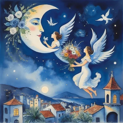 Prompt: (Watercolor Painting in playful primitive surrealist 
Marc Chagall style), 2 lovers float in soft moonlit sky above  Puerto Vallarta with beautiful floral bouquet, playful milky moon, rmisty 
omantic scene,  balcony below, male offers woman beautifully arranged bouquet, flowers . fiddler in sky
whimsical and dreamy atmosphere,  cool tones of blue and white, soft glowing lights,impressionistic, soft colors, swirly enchanting night sky, infused with magic and love. Winged cats, angels
