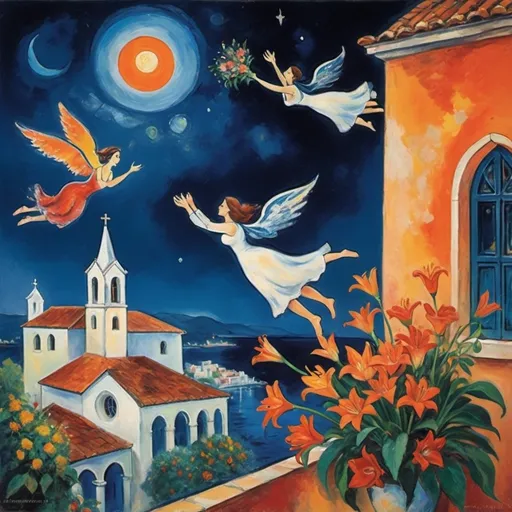 Prompt: Two lovers floating together in the night sky), Expressionist primitive Marc Chagall style, woman arms reaching up 
up on wings of longing from open windowed
balcony,  overlooking Puerto Vallarta, church of the virgin of Guadalupe
water, vibrant flowers surrounding the scene, dreamlike ambiance, romantic mood,  tuxedo and orange cat, male lover offers bouquet of stargazer lillies and flowers 
 , school of Paris style
painterly quality,whimsical elements, enchanting atmosphere, 4K ultra-detailed clarity.