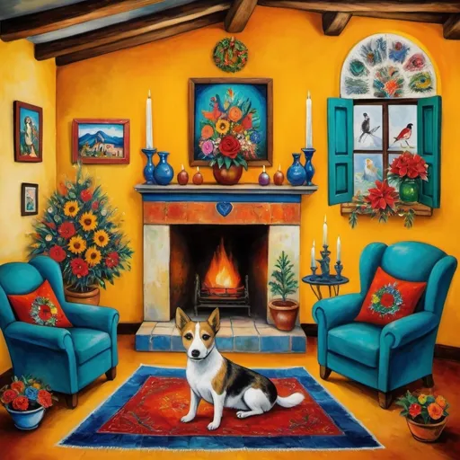 Prompt: Marc Chagall primitie, cubist, surreal style (Painting of Mexican Casita interior), Christmas card, small quaint cozy cottage living room, (chimney fireplace with fire), beautiful flowers, lace curtains, Talavera, turquoise, arched windows, fluffy dog terrier, sunflowers  white sofa with colorful pillows, flower-patterned armchair, Talavera ceramics, virgen of Guadalupe sunshine, Christmas tree, wreath, candles, poinsettias, filtering in, birds nearby, (surrealist whimsical expressionist painting style), inspired by Frida Kahlo and Marc Chagall, vibrant colors, detailed textures, (4K ultra-detailed ambience), cozy and eclectic atmosphere.