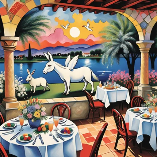 Prompt: Marc Chagall-inspired  Easter card, charming stone Mexican outdoor restaurant, white donkey with Easter bonnet , rabbit chef, beautiful large pool, lake in background, tables with umbrellas, palm and cypress 
trees with twinkling lights, evening sunset, dusk, flowers on the tables, walls adorned with painted flowers, tile roof, lovers floating in the whimsical sky, graceful wings, grass, surrounded by vibrant flowers pots around pool, enchanting magical, twinkling  lights, Mexican style, atmosphere, dreamy mountains in the background, swirly  sky,