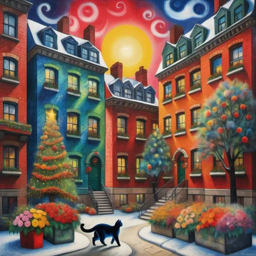 Prompt: (Marc Chagall style surreal) Christmas painting, (primitive expressionist) aesthetic, Chicago , IL style single three flat brick apartment building, surrounded by vibrant trees and colorful flowers, Treelined Street, whimsical magical sky, radiant sun, enchanting atmosphere, charming cat lounging, harmoniously blended colors, dreamy composition, ultra-detailed, high quality 4K.