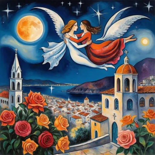 Prompt: Two lovers floating together in the night sky), (Marc Chagall primitive surrealist style), full moon, stars, woman reaching up on wings of longing from
balcony,  overlooking Puerto Vallarta, church of the virgin of Guadalupe
water, vibrant flowers surrounding the scene, dreamlike ambiance, romantic mood,  tuxedo cat and orange cat, male lover offers bouquet of flowers stargazer lillies and soft roses, fiddler on the roof
painterly quality,whimsical elements, enchanting atmosphere, 4K ultra-detailed clarity.