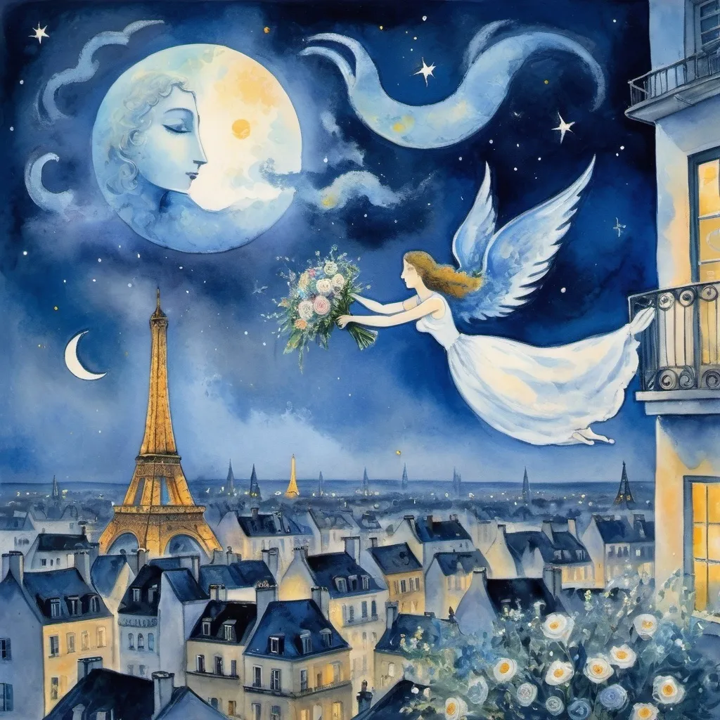 Prompt: (Watercolor Painting in playful primitive surrealist 
Marc Chagall style), 2 lovers float in soft starry night sky above Paris with beautiful floral bouquet, playful milky moon, rmisty 
omantic scene,  balcony below, male offers woman beautifully arranged bouquet, flowers 
whimsical and dreamy atmosphere,  cool tones of blue and white, soft glowing lights,impressionistic, soft colors, swirly enchanting night sky, infused with magic and love. Winged cats, angels
