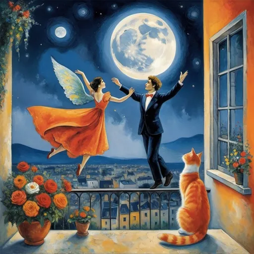 Prompt: Two lovers floating together in the night sky 
surrealist Marc Chagall style, woman arms reaching up 
up on wings of longing from open windowed, milky moon and starlit sky,
balcony,  charming village in Mexico
water,  vibrant  flowers surrounding the scene, dreamlike ambiance, romantic mood,  tuxedo and orange cat, male lover offers bouquet of flowers 
 , school of Paris style
painterly quality,whimsical elements, enchanting atmosphere, 4K ultra-detailed clarity.