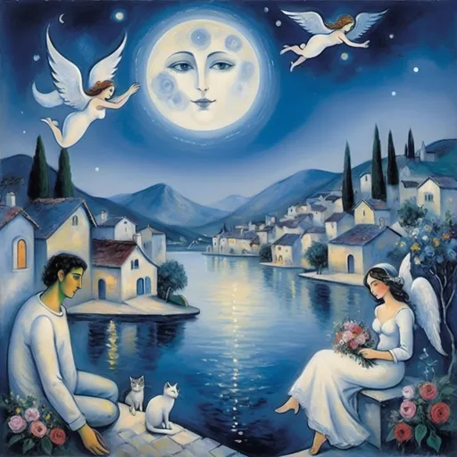 Prompt: (Chagall surrealist style), lovers floating above Ajijic in the night sky, (milky moon over village), romantic balcony serene lake below,soft flowers, winged cat and angel in sky, delicate hands joined, male lover offers woman beautifully arranged bouquet, whimsical and dreamy atmosphere, cool tones of blue and white, soft glowing lights, high detail, vibrant colors, enchanting night sky, infused with magic and love. Watery, milky tone