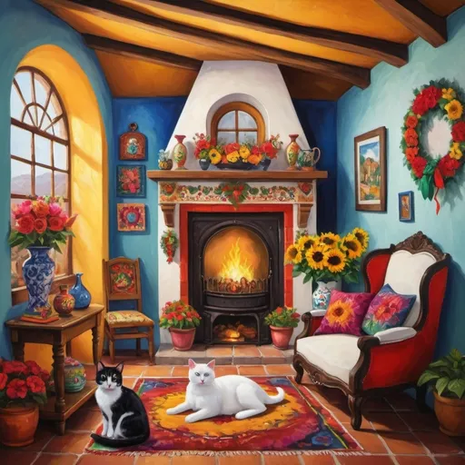 Prompt: (Painting of Mexican Casita interior), small quaint cozy cottage living room, (chimney fireplace with fire), beautiful flowers, lace curtains, arched windows, tuxedo cat, white sofa with colorful pillows, flower-patterned armchair, poinsettias, sunflowers, Christmas tree, wreath, garland, glowing, magical, Talavera ceramics, bright sunshine filtering in, birds nearby, (surrealist whimsical expressionist painting style), inspired by Frida Kahlo and Marc Chagall, vibrant colors, detailed textures, (4K ultra-detailed ambience), cozy and eclectic atmosphere.