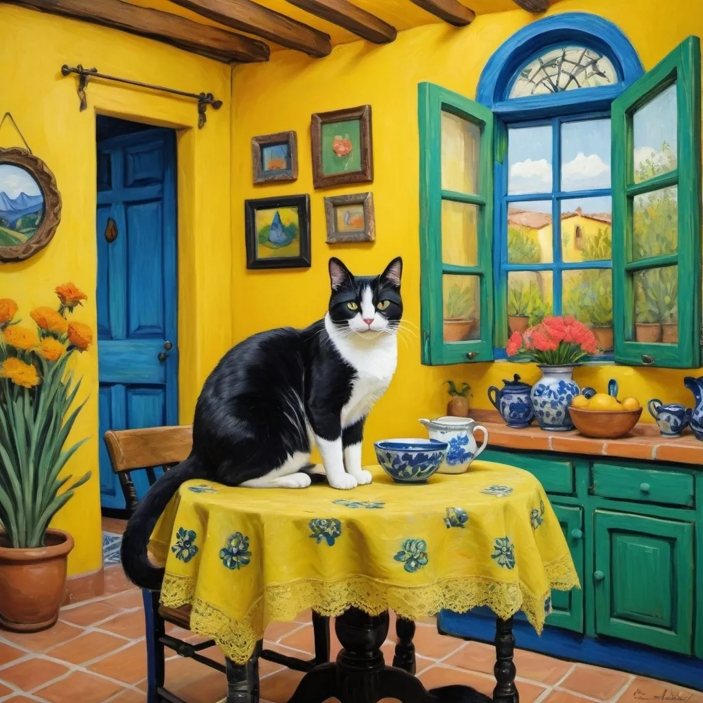 Prompt: Painting in style of Van Gogh 

Charming Mexican casita interior, bright yellow kitchen walls,  blue and green, cabinets, art on wall ,
talavera, fluffy tuxedo cat, dishes,windows, lace curtains, flowers, black, round table with floral pattern, Freida Kahlo portrait, painting





