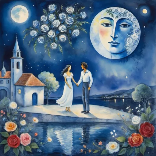 Prompt: (Painting in playful and primitive Chagall surrealist style), a couple, lovers floating in night sky above Ajijic village (milky moon, watercolor romantic scene, serene water below, vibrant flowers , male offers woman beautifully arranged bouquet, whimsical and dreamy atmosphere, cool tones of blue and white, soft glowing lights,impressionistic, soft colors, swirly enchanting night sky, infused with magic and love.