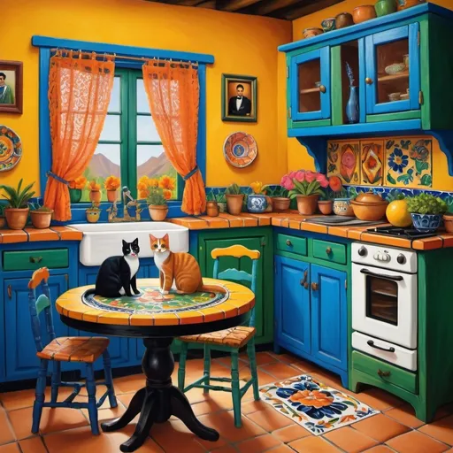 Prompt: Primitive style painting of Mexican casita kitchen), vibrant bright yellow walls, (traditional blue and green cupboards), colorful flowers, (decorative Talavera tiles), two adorable cats (furry tuxedo cat and an orange cat), (delicate lace curtains), cozy round table with a floral pattern, Frida Kahlo's, warm and cheerful ambiance, (ultra-detailed), reminiscent of a serene Mexican home.