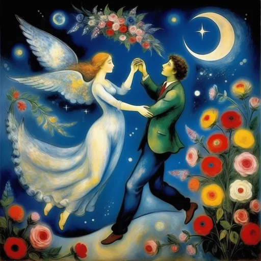 Prompt: Chagall ethereal style. Lovers floating in moonlit, starlit sky. male offers female a bouquet wings of longing, ethereal, dreamy, romantic, flowers, love


