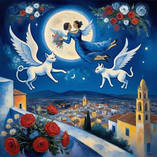 Prompt: (Painting in playful Marc Chagall modernist style), 2 lovers float in night sky above San Miguel de Allende Mexico with beautiful floral bouquet, milky moon, romantic scene,  balcony below, vibrant flowers , male offers woman beautifully arranged bouquet, whimsical and dreamy atmosphere, swirly sky cool tones of blue and white, soft glowing lights,impressionistic, soft colors, swirly enchanting night sky, infused with magic and love. Winged cats, angels
