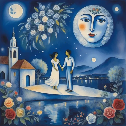 Prompt: (Painting in playful and primitive Chagall surrealist style), a couple, lovers floating in night sky above Ajijic village (milky moon, watercolor romantic scene, serene water below, vibrant flowers , male offers woman beautifully arranged bouquet, whimsical and dreamy atmosphere, cool tones of blue and white, soft glowing lights,impressionistic, soft colors, swirly enchanting night sky, infused with magic and love.