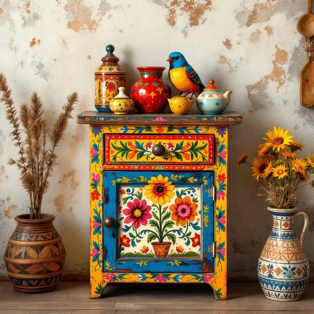 Prompt: simple  Mexican, colorful small painted kitchen chest, 1 drawer and storage cabinet below, primitive rustic simple design, 
flowers, lively birds, detailed woodwork, artistic craftsmanship, NOT busy, simple, decorative drawer handles, warm and inviting ambiance, charming design elements, rich cultural motifs, heightened contrast,, 4K resolution, rustic background with traditional influences, cozy and cheerful atmosphere.
