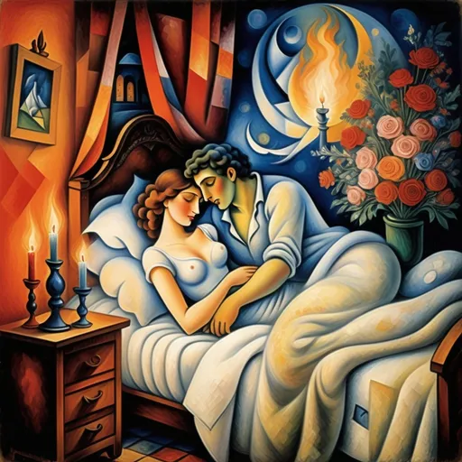 Prompt: (candles burning side-by-side), man and woman lovers in bed, fire, wedding bouquet, cubist style), Marc Chagall influence, intricately detailed dresser, soft dim lighting, flickering flames casting shadows, ethereal flowers intertwined with smoke, whimsical atmosphere, romantic and dreamlike ambiance, high-quality depth, ultra-detailed composition, enchanting color palette, tranquil yet captivating scene. Magical and enchanted.