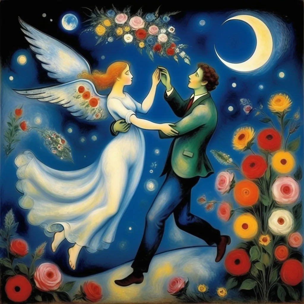 Prompt: Chagall ethereal style. Lovers floating in moonlit, starlit sky. male offers female a bouquet wings of longing, ethereal, dreamy, romantic, flowers, love


