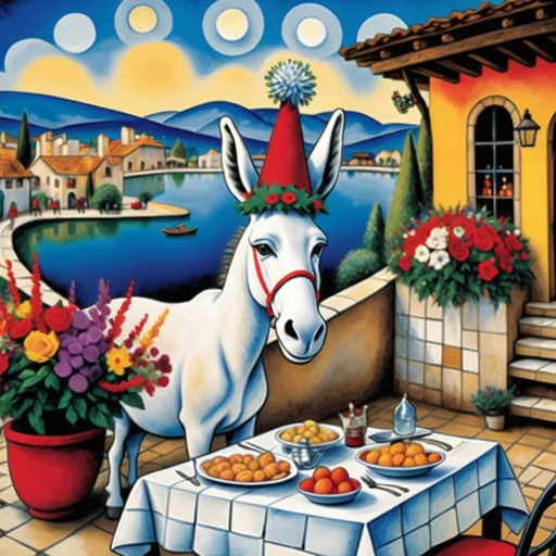 Prompt: (Marc Chagall-inspired surreal scene, primitive, Christmas card, charming stone Mexican outdoor restaurant, white donkey wearing festive hat, Burro, French chef, dressed for Christmas beautiful large pool surrounded by vibrant flowers, lake in background, tables with umbrellas, flowers on the tables, Christmas time, sign that says YVES. RESTAURANT , walls adorned with painted flowers, tile roof, lovers floating in the whimsical sky, graceful wings, grass, surrounded by vibrant flowers, , poinsettia, wreath, majestic avocado tree in front, enchanting magical, twinkling Christmas lights, Mexican style, atmosphere, dreamy mountains in the background, swirly   sky, (vivid colors), (4K, ultra-detailed), (cubist, whimsical).