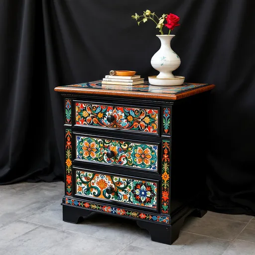 Prompt: Mexican black painted bedside table, black background, classic design, 3 drawers, simple design, Mexican painted talavera, design  mexican woven gods eyes, red, green, turquoise blue shades, colorful,  red
Mexican touches, romantic
bright colors, elegant  patterns, artistic craftsmanship, black wood finish, cozy ambiance, handcrafted details, small and stylish, ideal for storage, perfect for adding character to a room, ultra-detailed, high quality.