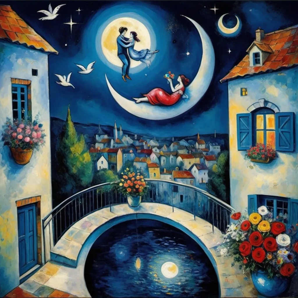 Prompt: Chagall style. Lovers floating in the night, milky moon sky. Balcony, village water, flowers, whimsical, surrreal, wingss
