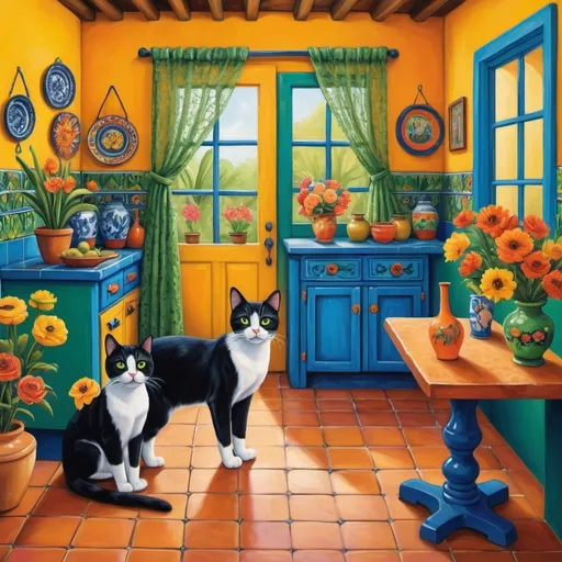 Prompt: Freida Kahlo style painting of Mexican casita kitchen), vibrant bright yellow walls, (traditional blue and green cupboards), colorful flowers in various vases, (decorative Talavera tiles), two adorable cats (furry tuxedo cat and an orange cat), (delicate lace curtains), cozy round table with a floral pattern, inspired by (Frida Kahlo's artistic style), warm and cheerful ambiance, (ultra-detailed), reminiscent of a serene Mexican home.